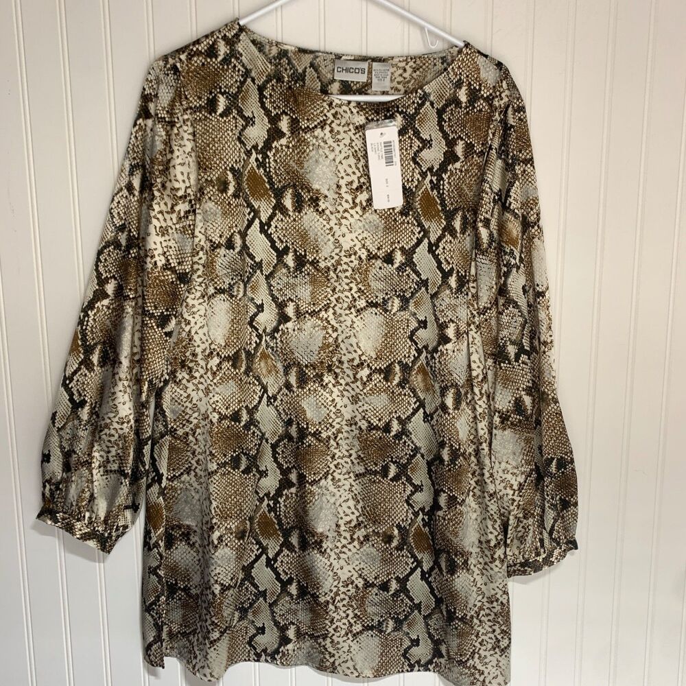 Chico's Tunic Shirt Womens Size 2 Satin Snakeskin Animal Print Lightweight Flowy